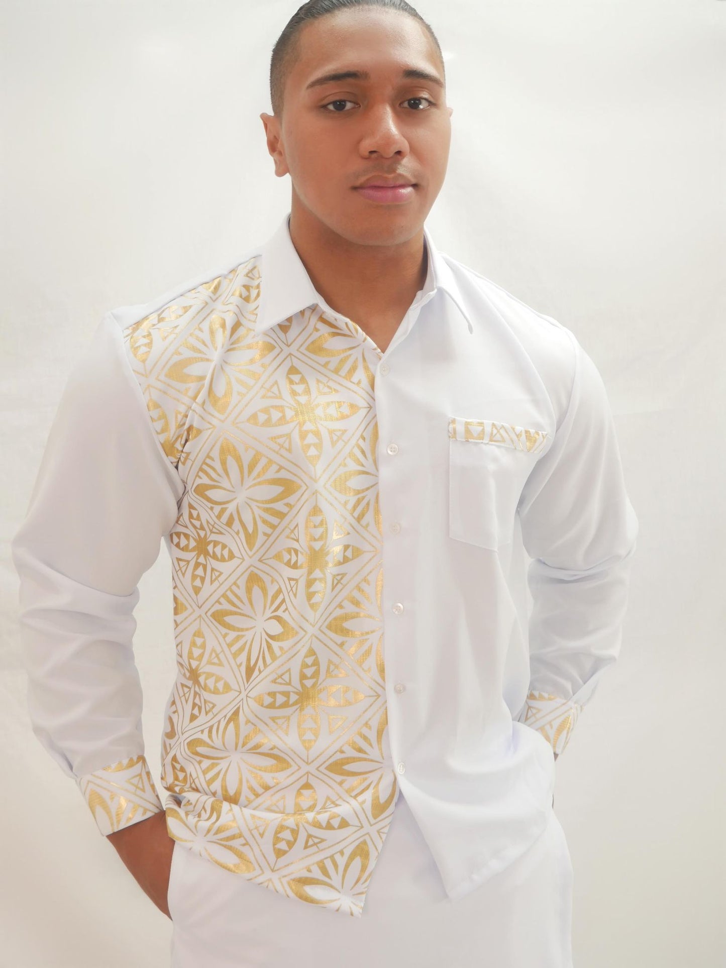 white and gold long sleeve shirt