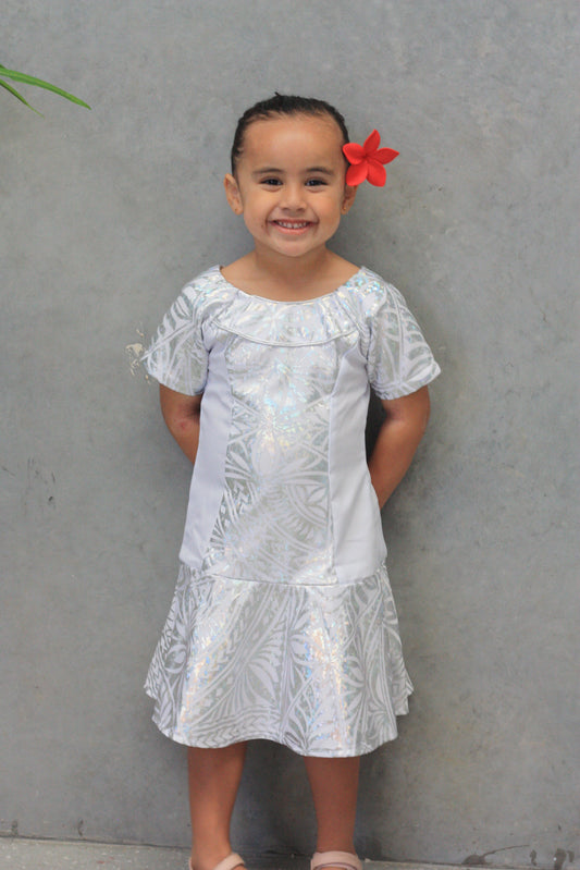 Polynesian Fashion Girls Dress White Metallic Silver