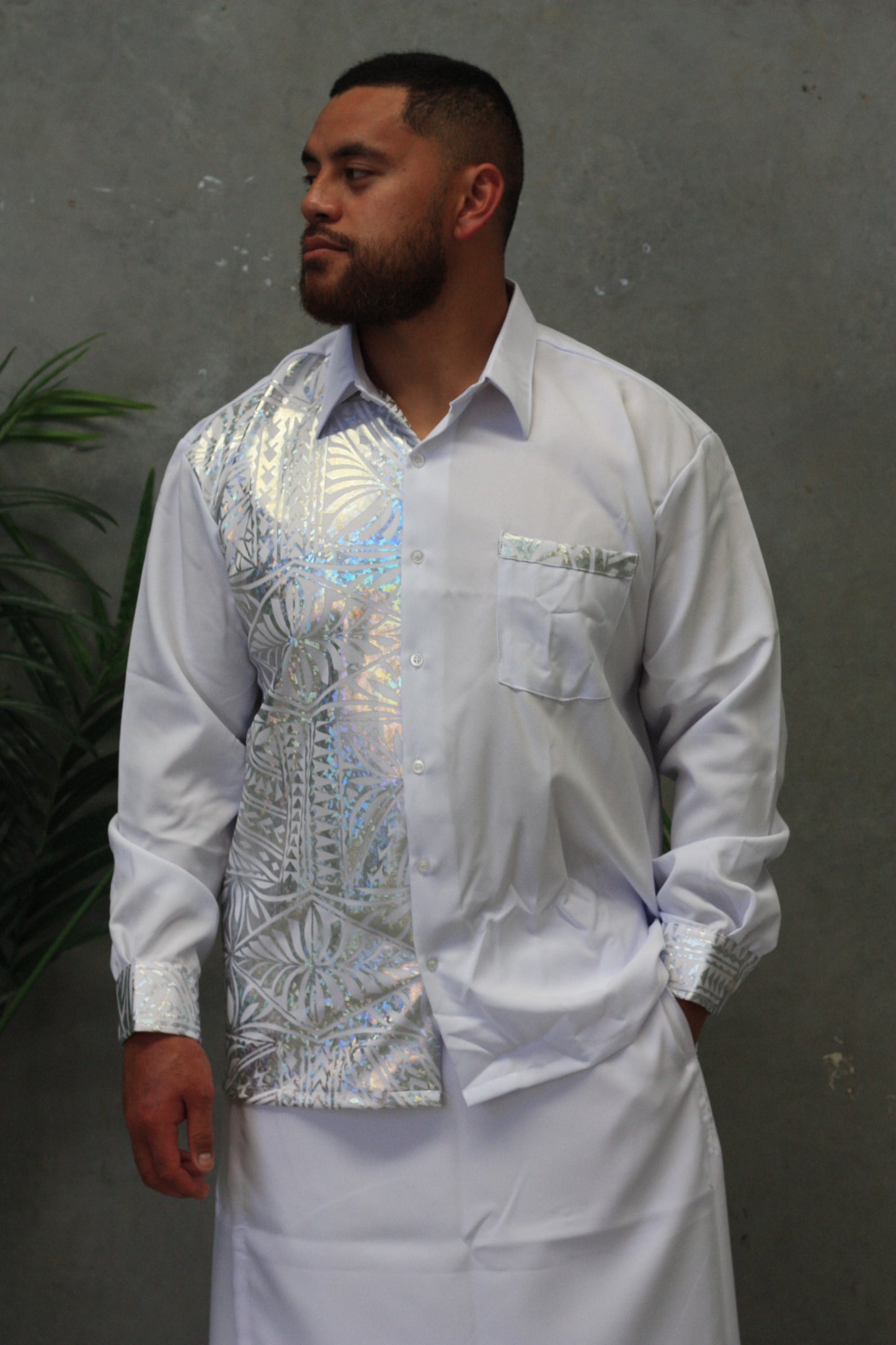 Polynesian Fashion Men's Long Sleeve Shirt Metallic (Silver)