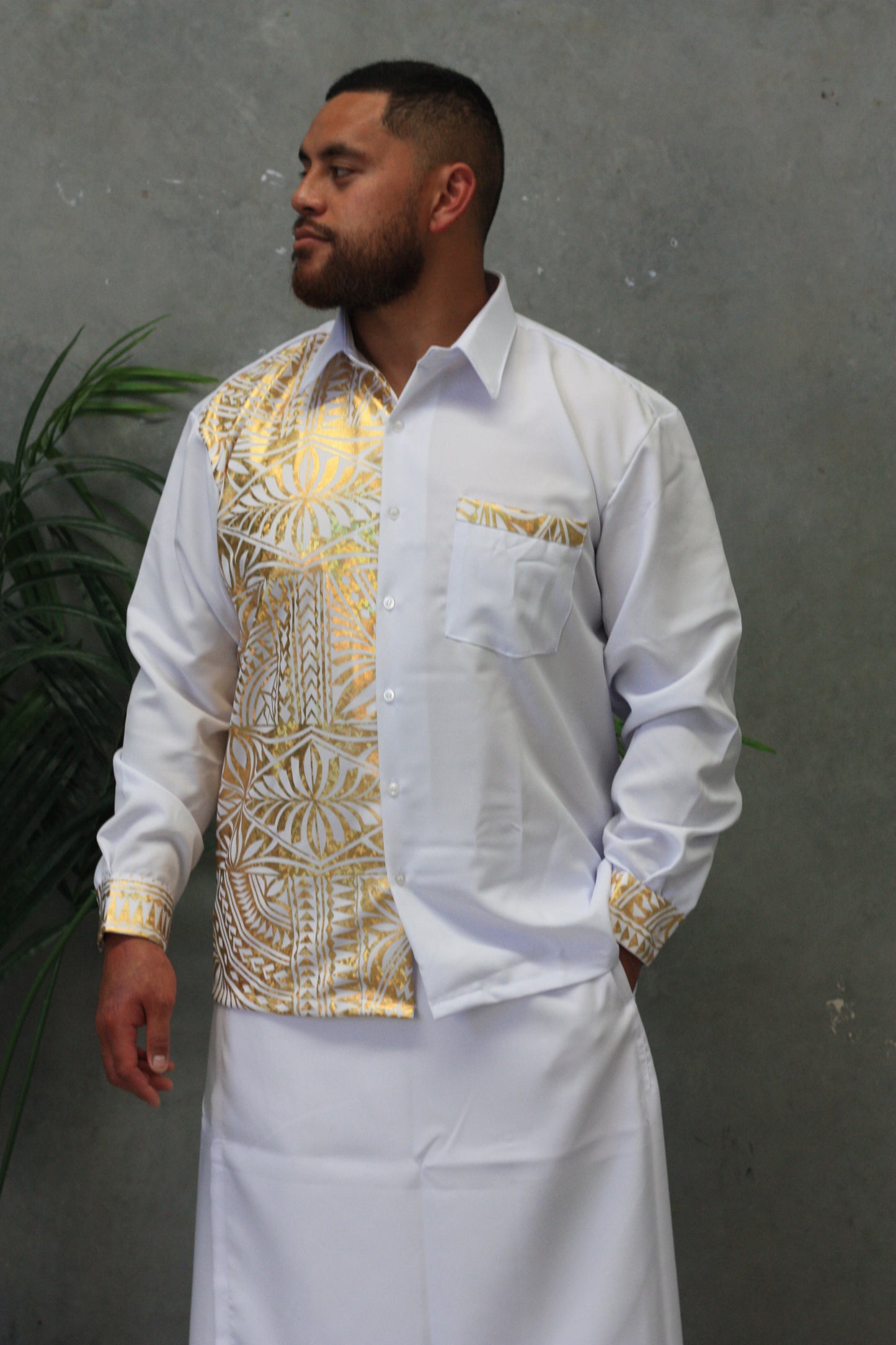 Polynesian Fashion Men's Long Sleeve Shirt Metalic (Gold)