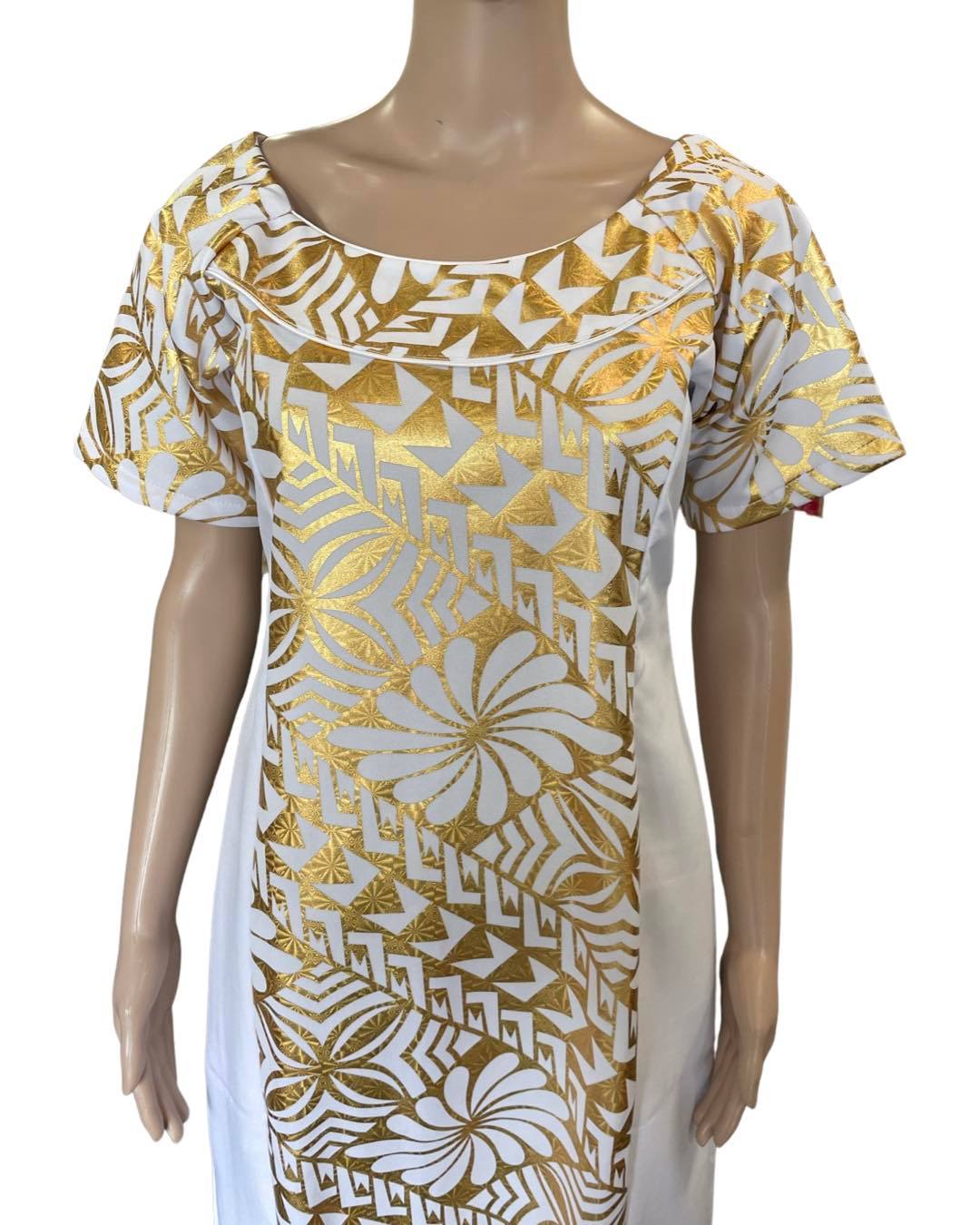 Polynesian Fashion Girls Dress White Metalic Gold Pacific Way